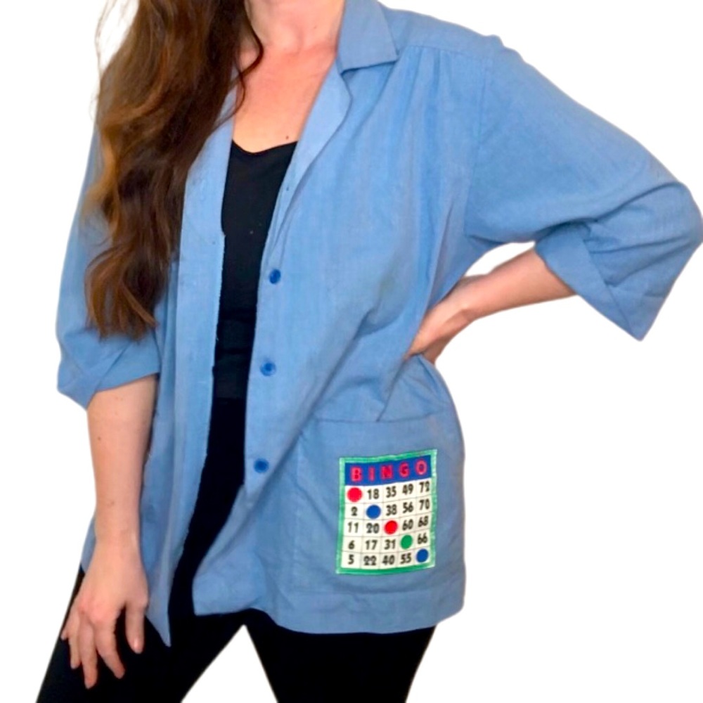 VINTAGE 80s Grandma Costume Blue Bingo Chambray Button-down Shirt Size Large